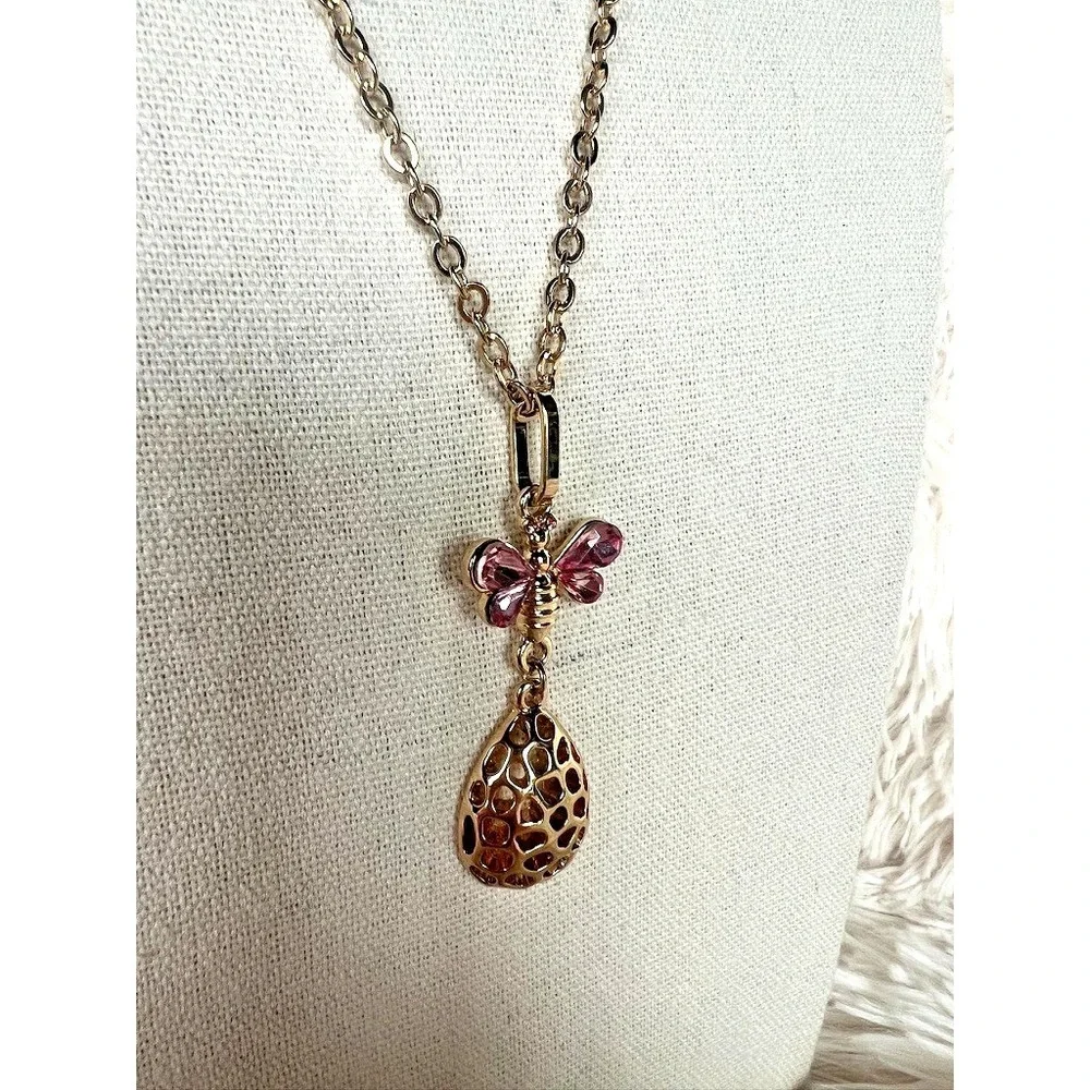 Catherine Malandrino Butterfly Necklace Pink Crystal Gold Feminine Romantic Soft